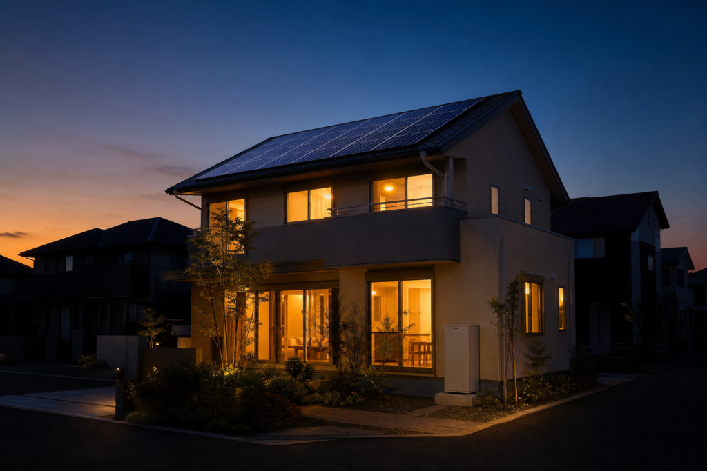もしもの停電にも安心:周囲が暗い中、明かりが灯る太陽光・蓄電池付き住宅