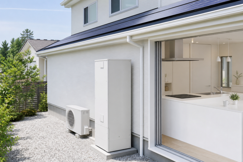 オール電化:四角柱エコキュートとIHキッチンの白い戸建て住宅