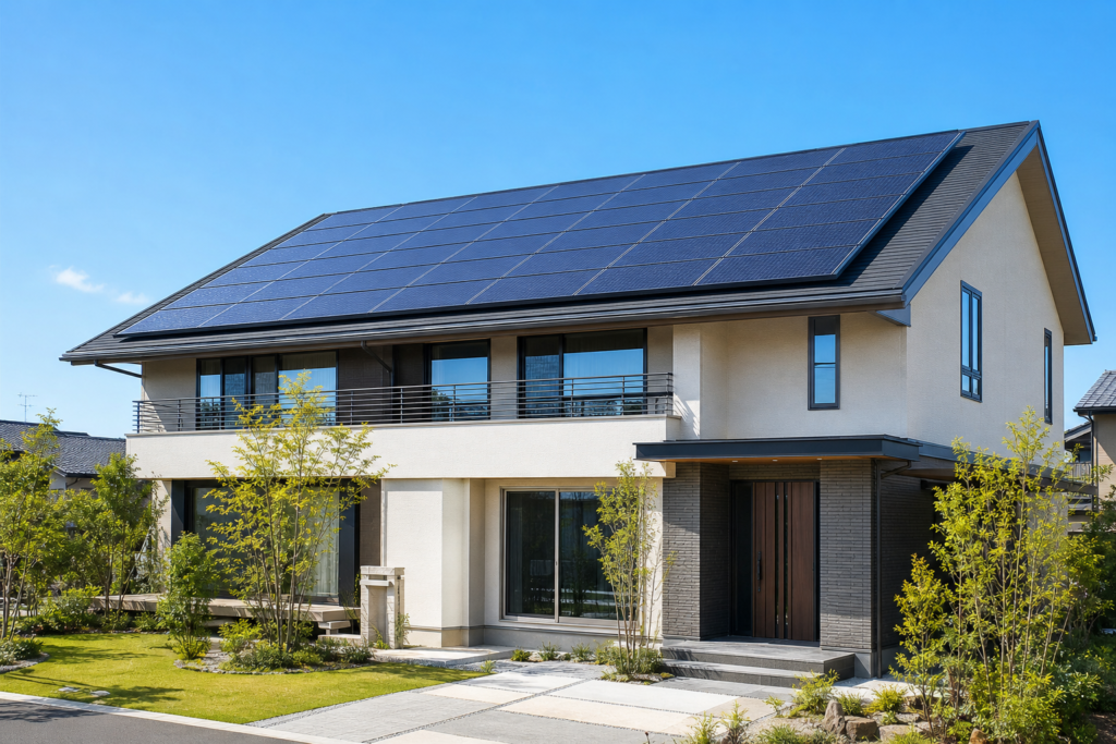 太陽光発電:屋根全面にパネルを設置したモダンな戸建て住宅